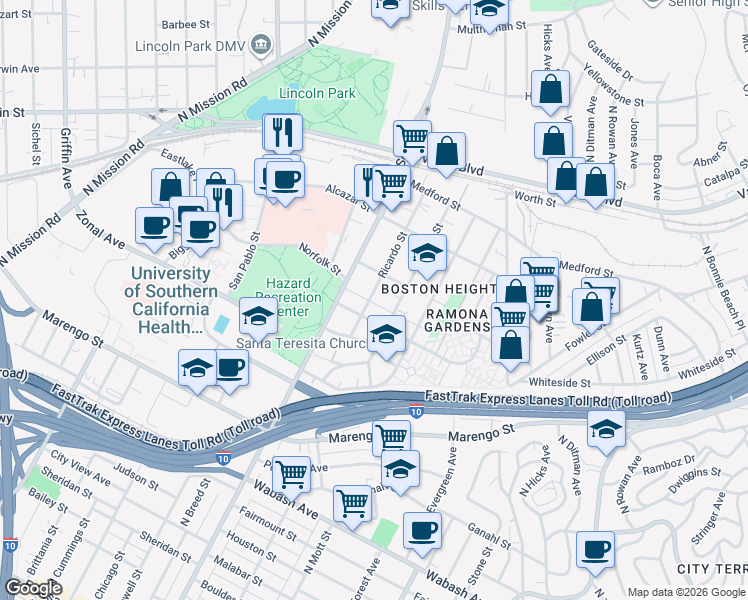 map of restaurants, bars, coffee shops, grocery stores, and more near 1443 2/3 Ricardo Street in Los Angeles