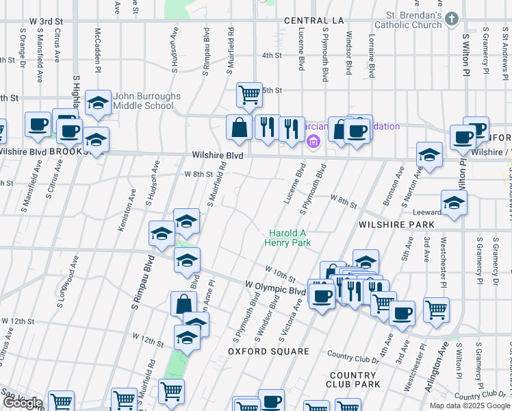 map of restaurants, bars, coffee shops, grocery stores, and more near 63 Fremont Place in Los Angeles
