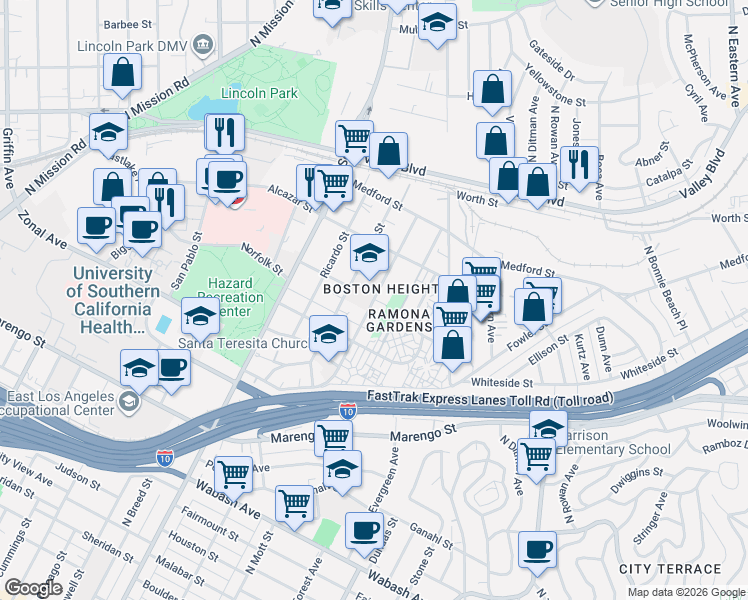 map of restaurants, bars, coffee shops, grocery stores, and more near in Los Angeles
