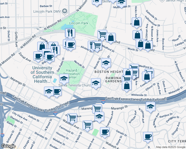 map of restaurants, bars, coffee shops, grocery stores, and more near 1434 Ricardo Street in Los Angeles