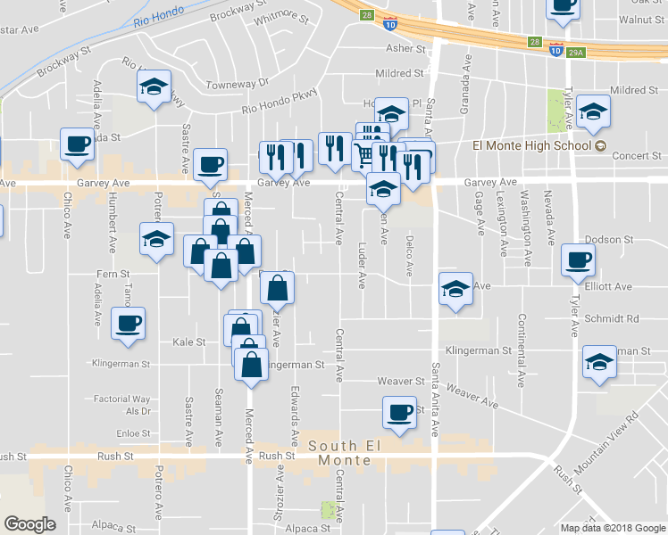 map of restaurants, bars, coffee shops, grocery stores, and more near in El Monte