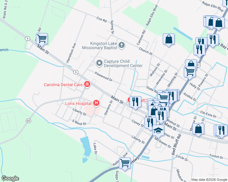 map of restaurants, bars, coffee shops, grocery stores, and more near 4165 Stevens Street in Loris