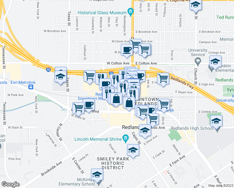 map of restaurants, bars, coffee shops, grocery stores, and more near 205 East Stuart Avenue in Redlands