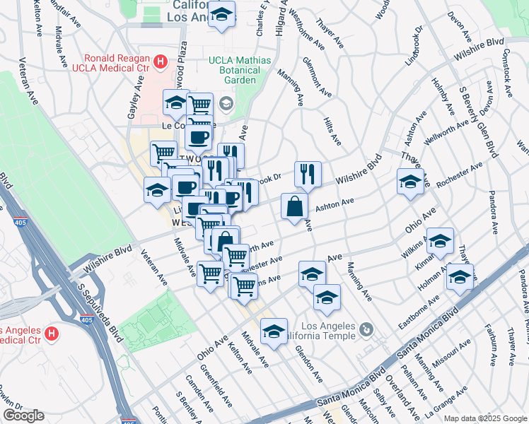 map of restaurants, bars, coffee shops, grocery stores, and more near 10800 Wilshire Boulevard in Los Angeles