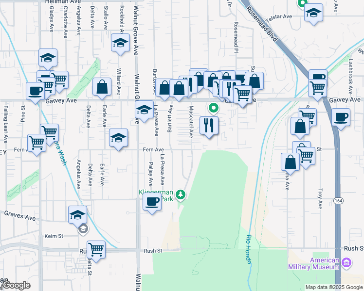 map of restaurants, bars, coffee shops, grocery stores, and more near 2611 Muscatel Avenue in Rosemead