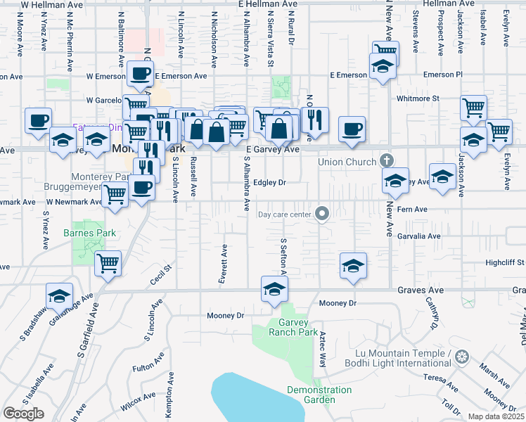map of restaurants, bars, coffee shops, grocery stores, and more near 424 East Newmark Avenue in Monterey Park
