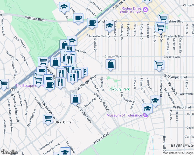 map of restaurants, bars, coffee shops, grocery stores, and more near 405 Shirley Place in Beverly Hills