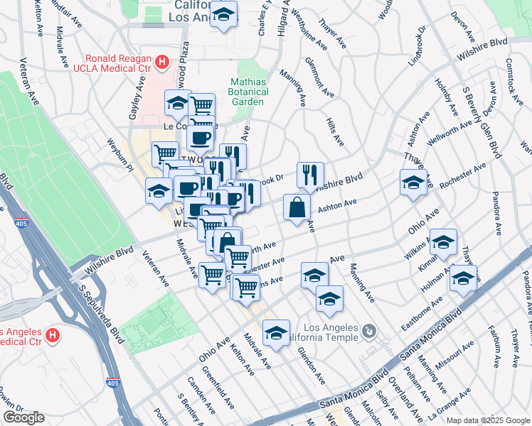 map of restaurants, bars, coffee shops, grocery stores, and more near 10800 Wilshire Boulevard in Los Angeles