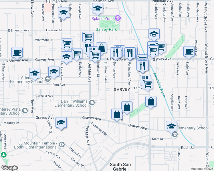 map of restaurants, bars, coffee shops, grocery stores, and more near 2610 Strathmore Avenue in Rosemead