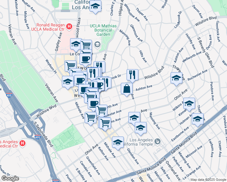 map of restaurants, bars, coffee shops, grocery stores, and more near 10800 Wilshire Boulevard in Los Angeles