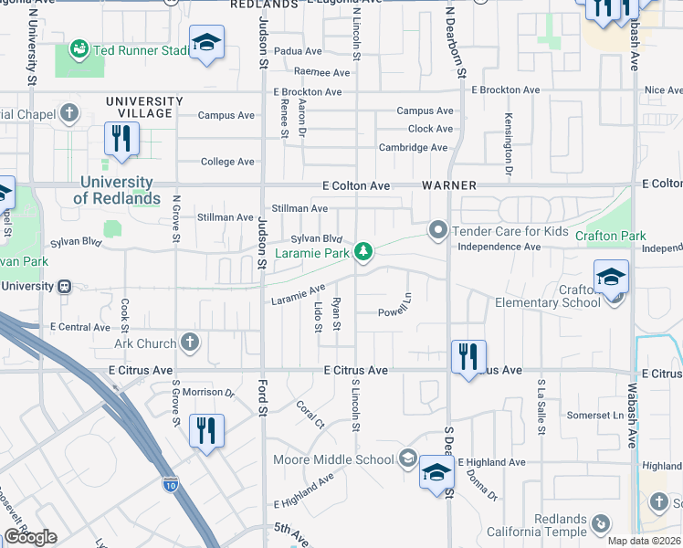map of restaurants, bars, coffee shops, grocery stores, and more near 1467 Laramie Avenue in Redlands