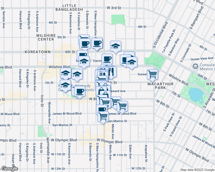 map of restaurants, bars, coffee shops, grocery stores, and more near 730S Vermont Avenue in Los Angeles