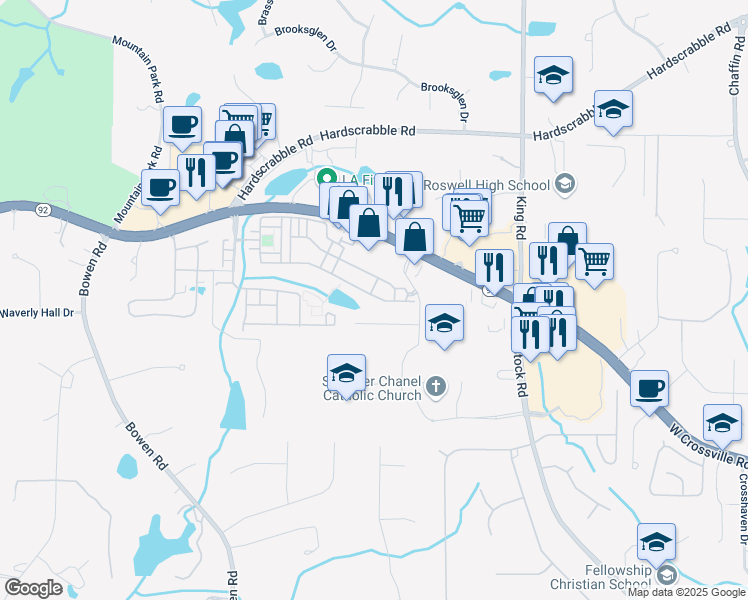 map of restaurants, bars, coffee shops, grocery stores, and more near 1409 Waters Edge Trail in Roswell