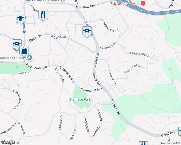 map of restaurants, bars, coffee shops, grocery stores, and more near 707 South Grand Avenue in Glendora