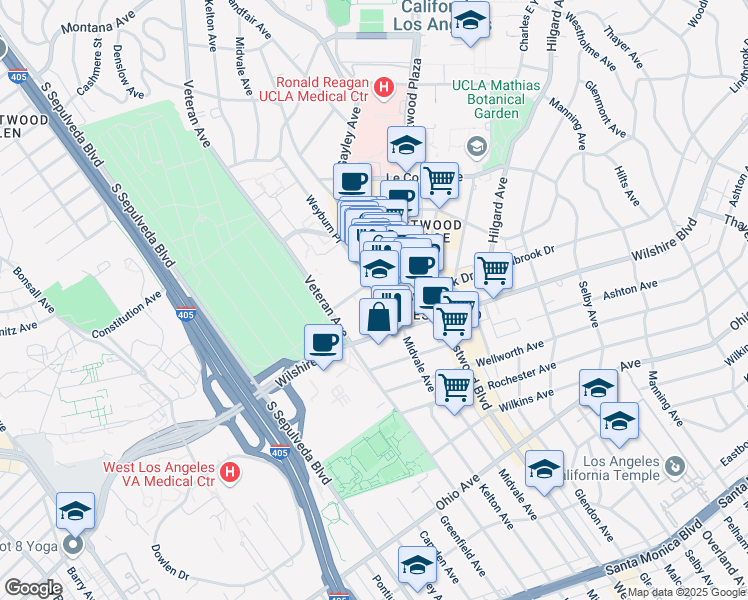 map of restaurants, bars, coffee shops, grocery stores, and more near 11000 Kinross Avenue in Los Angeles