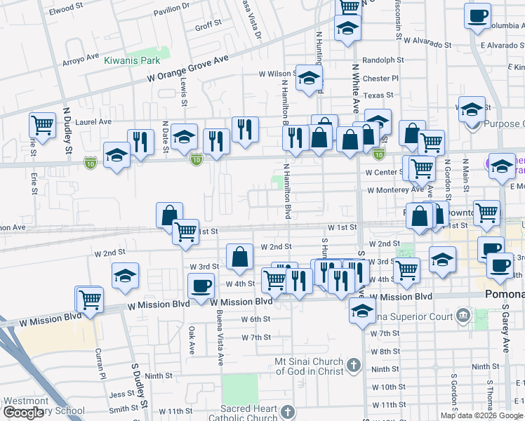 map of restaurants, bars, coffee shops, grocery stores, and more near 131 Newman Street in Pomona
