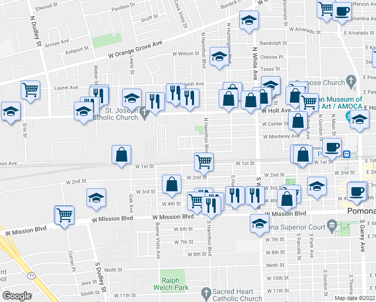 map of restaurants, bars, coffee shops, grocery stores, and more near 197 Newman Street in Pomona