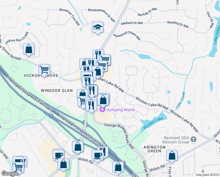 map of restaurants, bars, coffee shops, grocery stores, and more near 1393 Halpern Lane Northwest in Kennesaw