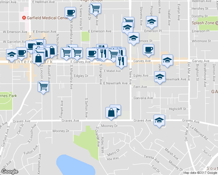 map of restaurants, bars, coffee shops, grocery stores, and more near 800 East Newmark Avenue in Monterey Park