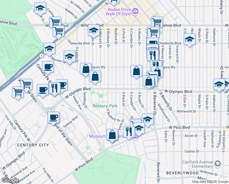 map of restaurants, bars, coffee shops, grocery stores, and more near 424 South Roxbury Drive in Beverly Hills