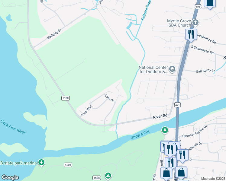map of restaurants, bars, coffee shops, grocery stores, and more near 7718 Trap Way in Wilmington