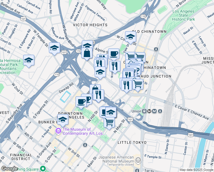 map of restaurants, bars, coffee shops, grocery stores, and more near 450 North Grand Avenue in Los Angeles