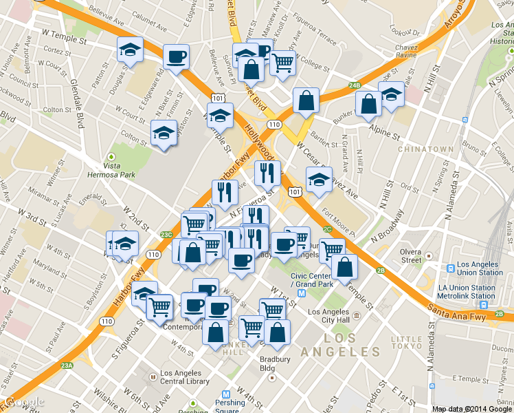 map of restaurants, bars, coffee shops, grocery stores, and more near 380 Dewap Road in Los Angeles