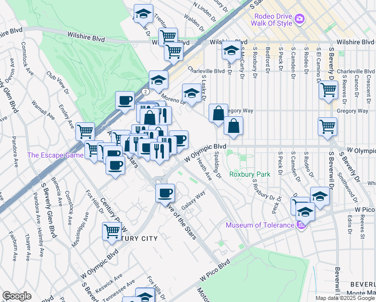 map of restaurants, bars, coffee shops, grocery stores, and more near 2070 Century Park East in Los Angeles