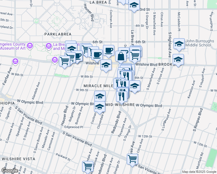 map of restaurants, bars, coffee shops, grocery stores, and more near 845 Cloverdale Avenue in Los Angeles