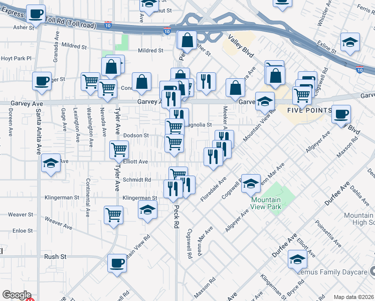 map of restaurants, bars, coffee shops, grocery stores, and more near 11331 Elliott Avenue in El Monte
