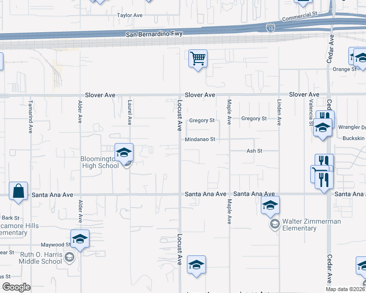 map of restaurants, bars, coffee shops, grocery stores, and more near 18109 Ash Street in Bloomington
