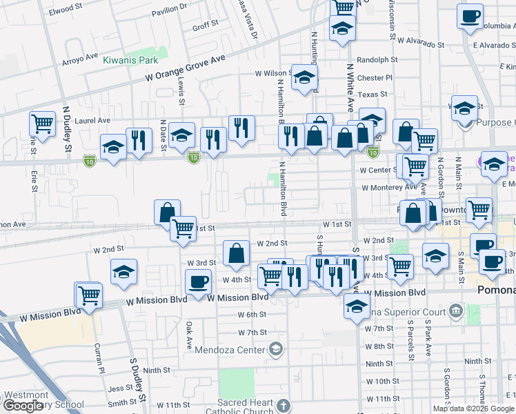 map of restaurants, bars, coffee shops, grocery stores, and more near 197 Newman Street in Pomona
