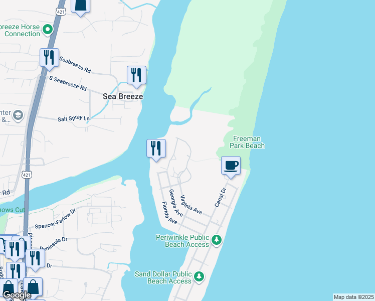 map of restaurants, bars, coffee shops, grocery stores, and more near 417 Oceana Way in Carolina Beach