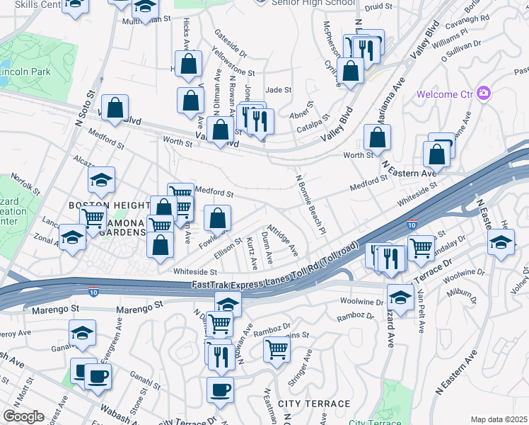 map of restaurants, bars, coffee shops, grocery stores, and more near 3628 Fowler Street in Los Angeles
