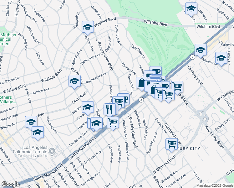map of restaurants, bars, coffee shops, grocery stores, and more near 1611 South Beverly Glen Boulevard in Los Angeles