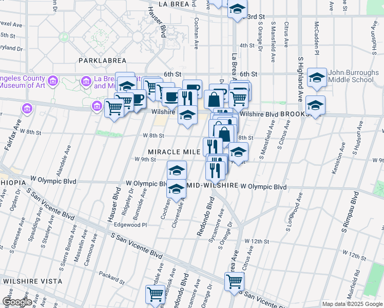 map of restaurants, bars, coffee shops, grocery stores, and more near 845 Cloverdale Avenue in Los Angeles