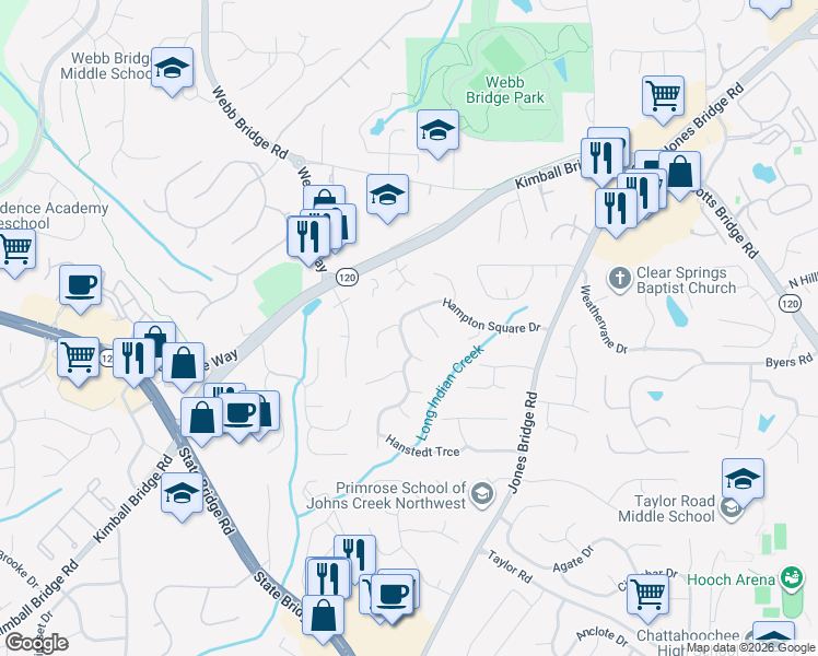 map of restaurants, bars, coffee shops, grocery stores, and more near 4695 Hampton Square Drive in Alpharetta