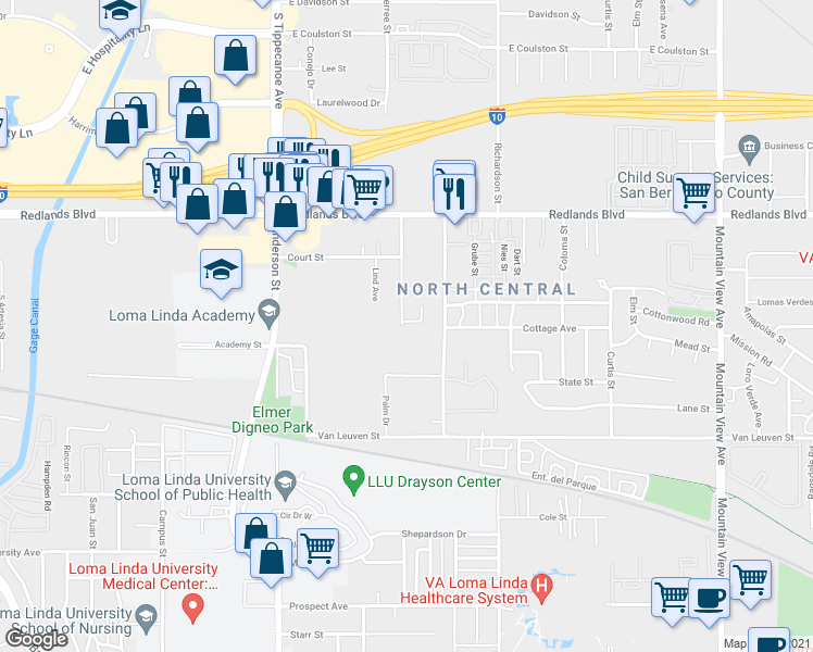 map of restaurants, bars, coffee shops, grocery stores, and more near 10699 Seamont Drive in Loma Linda