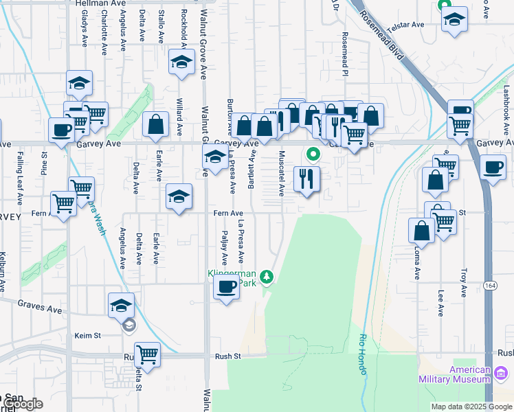 map of restaurants, bars, coffee shops, grocery stores, and more near 2558 Bartlett Avenue in Rosemead
