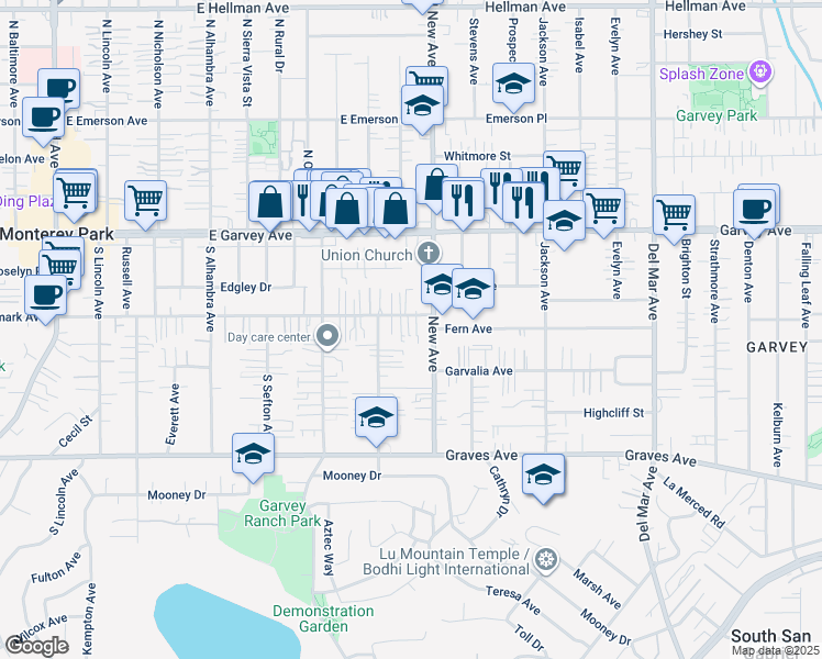 map of restaurants, bars, coffee shops, grocery stores, and more near 321 New Avenue in Monterey Park
