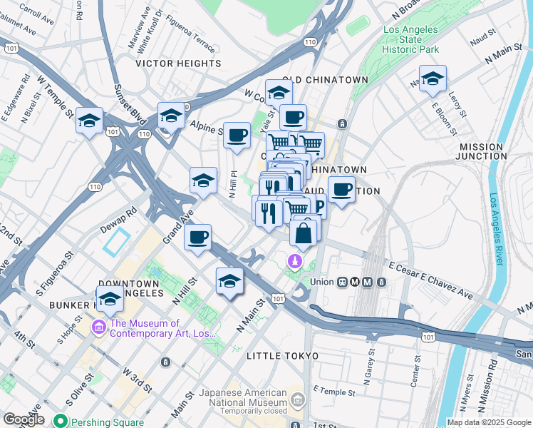 map of restaurants, bars, coffee shops, grocery stores, and more near 639 North Broadway in Los Angeles
