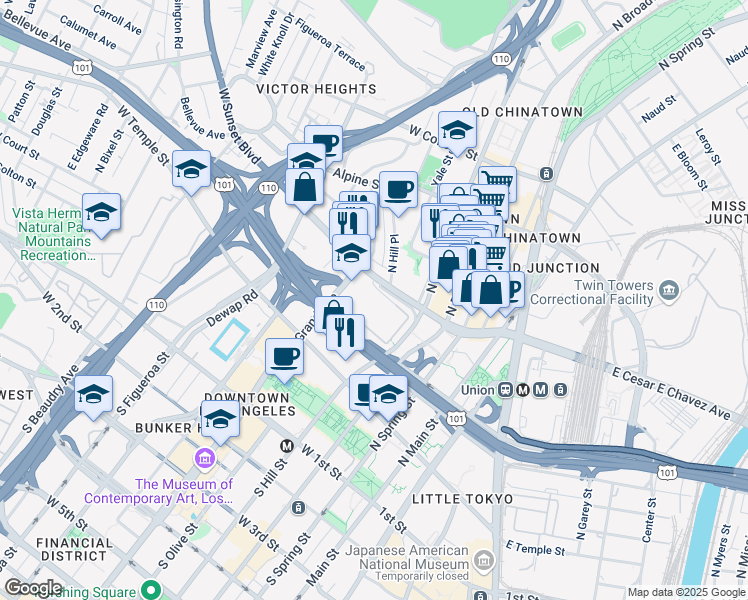 map of restaurants, bars, coffee shops, grocery stores, and more near 450 N Grand Ave in Los Angeles