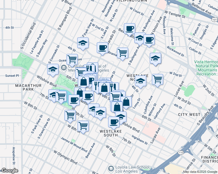 map of restaurants, bars, coffee shops, grocery stores, and more near 512 South Bonnie Brae Street in Los Angeles