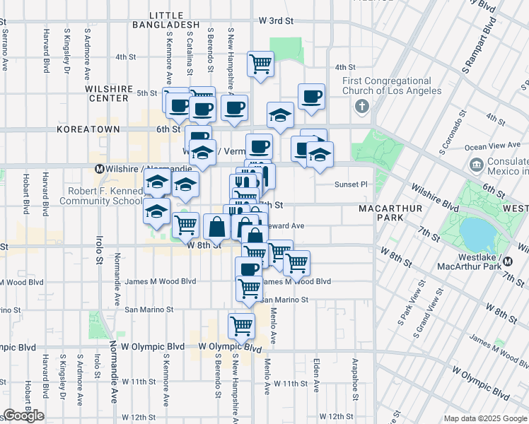 map of restaurants, bars, coffee shops, grocery stores, and more near 730S Vermont Avenue in Los Angeles