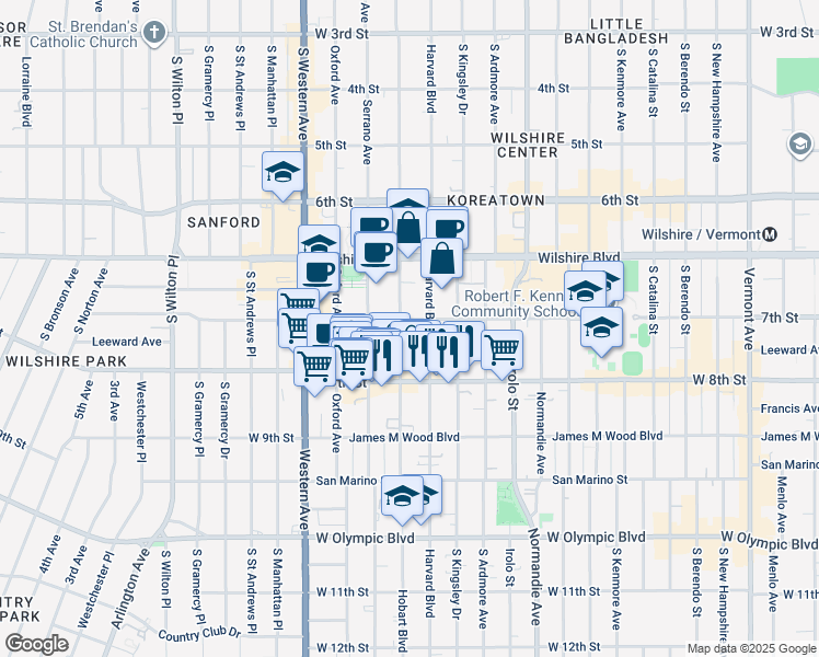 map of restaurants, bars, coffee shops, grocery stores, and more near 720 South Hobart Boulevard in Los Angeles