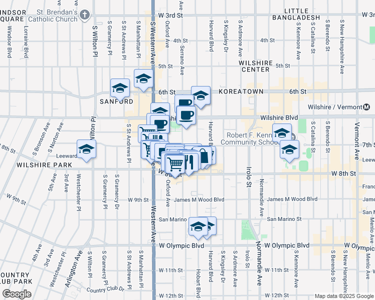 map of restaurants, bars, coffee shops, grocery stores, and more near 730 South Serrano Avenue in Los Angeles