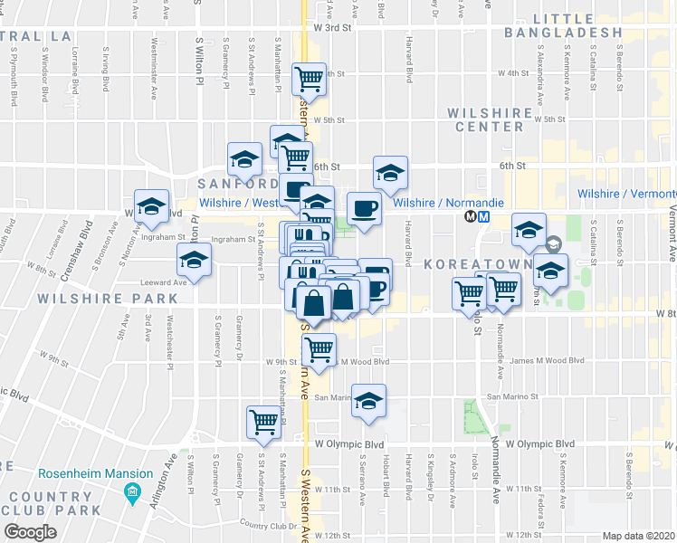 map of restaurants, bars, coffee shops, grocery stores, and more near 715 South Oxford Avenue in Los Angeles