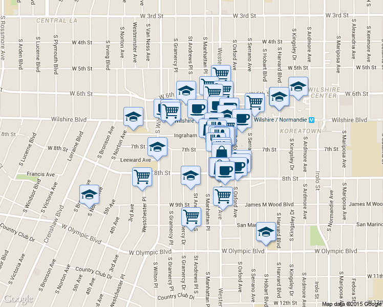 map of restaurants, bars, coffee shops, grocery stores, and more near 718 South Saint Andrews Place in Los Angeles