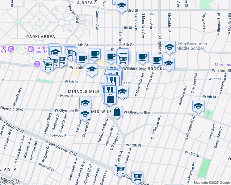 map of restaurants, bars, coffee shops, grocery stores, and more near 854 South Sycamore Avenue in Los Angeles