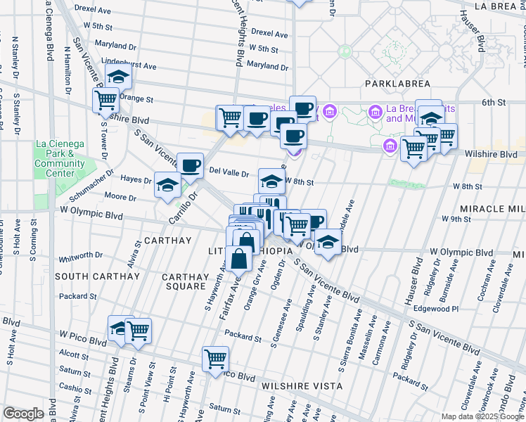 map of restaurants, bars, coffee shops, grocery stores, and more near 6101 San Vicente Boulevard in Los Angeles